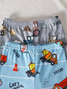 SHEIN GraphicGems 4-Piece Toddler Boys' Casual Summer Pajamas Set, Featuring Olive Green And Apricot Colors With All-Over Cartoon Car Print. This Short Sleeve Round Neck Sleepwear And Shorts Are Made Of Soft, Stretchy, Smooth Knit Material For Comfortable Skin-Friendly Nightwear And Loungewear - Multicolor - View 7
