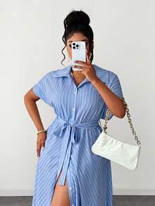 Maweii Plus Size Women Summer Bowknot Decor Pink & White Striped Dress - Blue - View 4