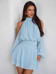Aloruh Vestido Roxo-Vermelho de Manga Longa Ombro de Fora, Vestido Elegante Casual de Colarinho Pequeno, Primavera - Azul bebê - Visão 7