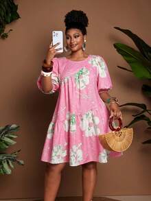Maweii Plus Size Women's Summer Vacation Lantern Sleeve Short Sleeve Printed Round Neck Ruched A-Line Dress - Pink - View 5