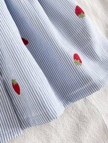 SHEIN Vintaside Kids Summer Newborn Baby Girl Apricot Round Neck Ruffle Cartoon Cherry Print Sleeveless Red Bow Dress With Red Hat Elegant And Cute - Blue - View 7