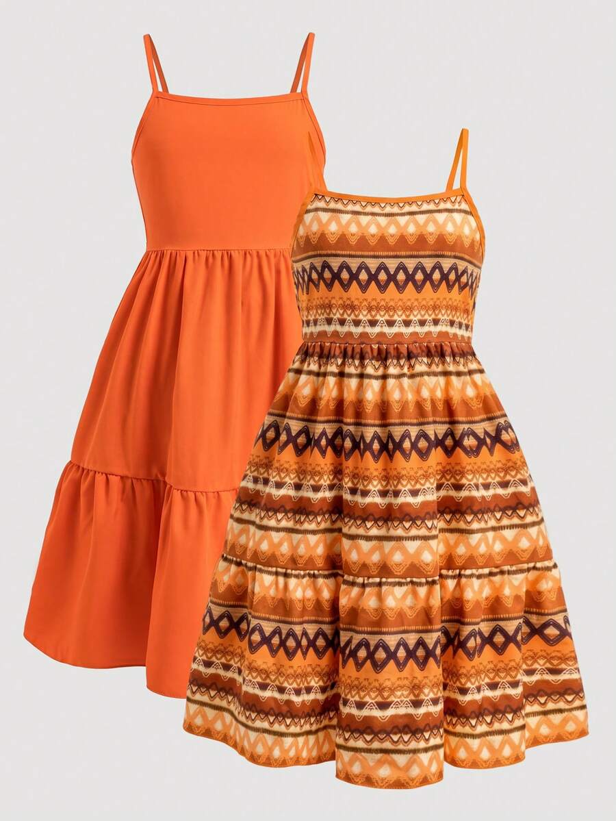 SHEIN Sparklyn Đầm không tay màu cam trơn cho bé gái tuổi teen, viền bèo nhún, họa tiết hình học cổ điển. Cả hai chiếc đầm đều phù hợp cho bé gái, chiếc đầu tiên có màu cam trơn sạch sẽ với viền bèo nhún mềm mại, còn chiếc thứ hai có họa tiết hình học cổ điển nhiều lớp màu cam, nâu, be và đen, mang hơi hướng cổ điển, hoàn hảo cho mùa xuân. - Màu Cam cháy - Xem 1
