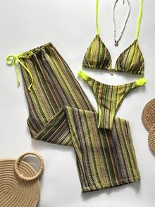 Swim Chiccia 女士夏季沙滩条纹吊带系带性感比基尼三件套，带抽绳腰带长裤 - 彩色 - 查看 1