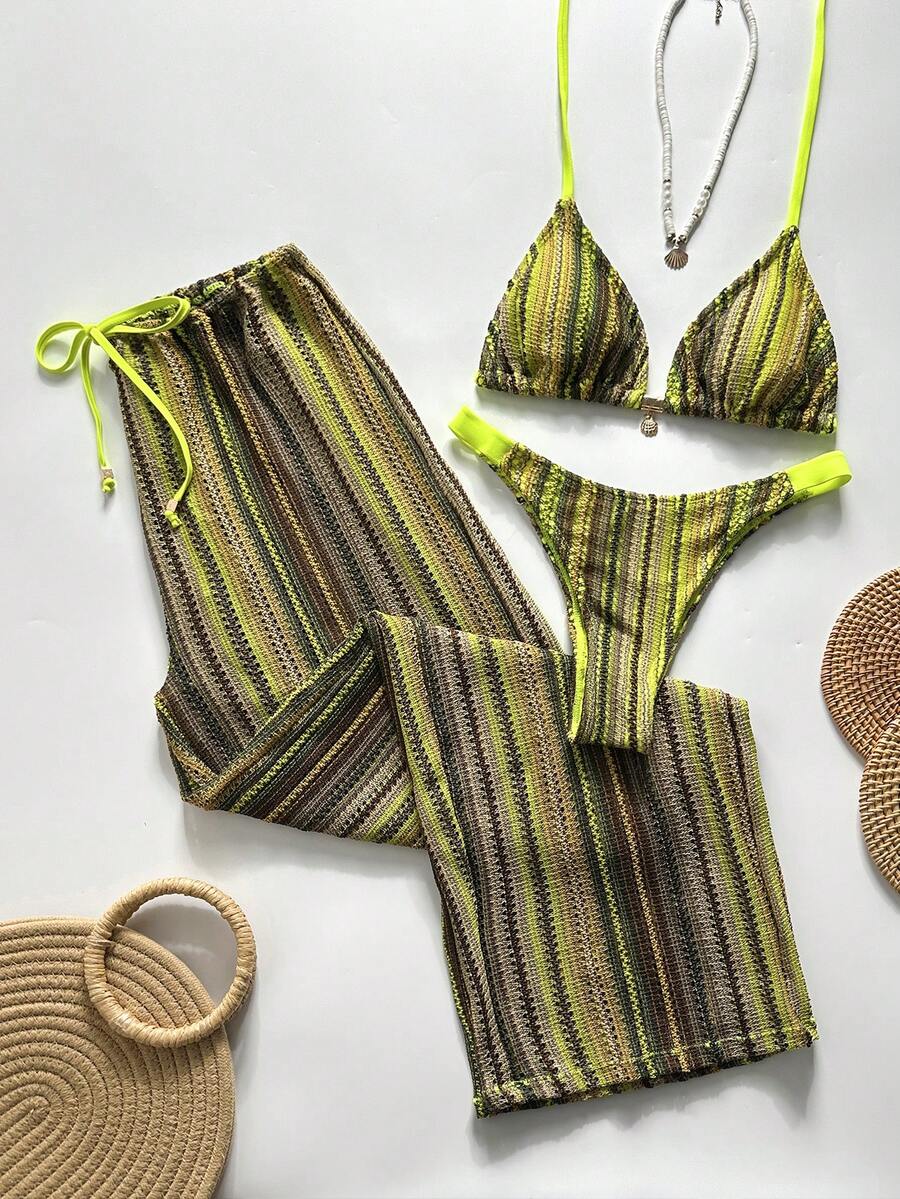 Swim Chiccia 女士夏季沙滩条纹吊带系带性感比基尼三件套，带抽绳腰带长裤 - 彩色 - 查看 1