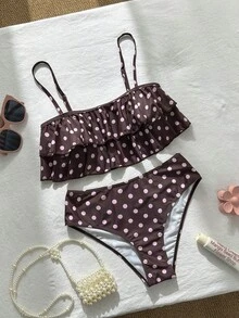 Swim Mod 女士随机印花细肩带荷叶边高衩比基尼套装，春夏款 - 彩色 - 查看 3