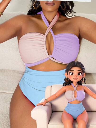 Swim Vcay بدلة سباحة أنيقة ذات لون متباين للنساء ذوات الحجم الكبير للشاطئ والمسبح