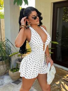 SHEIN SXY Bộ áo liền quần hở lưng gợi cảm in họa tiết chấm bi đen trắng, thời trang, thích hợp cho ngày Valentine và đám cưới. - Đen và trắng - Xem 5