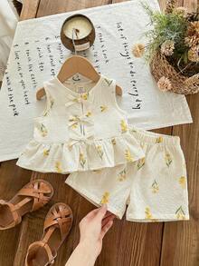 SHEIN LMoss Kids 女婴可爱碎花吊带背心和松紧腰短裤套装，夏季 - 彩色 - 查看 5