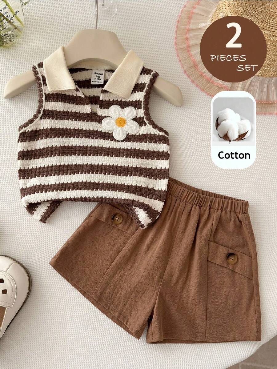 SHEIN LMoss Kids Bộ đồ thường ngày cho bé gái, gồm áo vest và quần short in hoa và kẻ sọc. - Nhiều màu - Xem 1