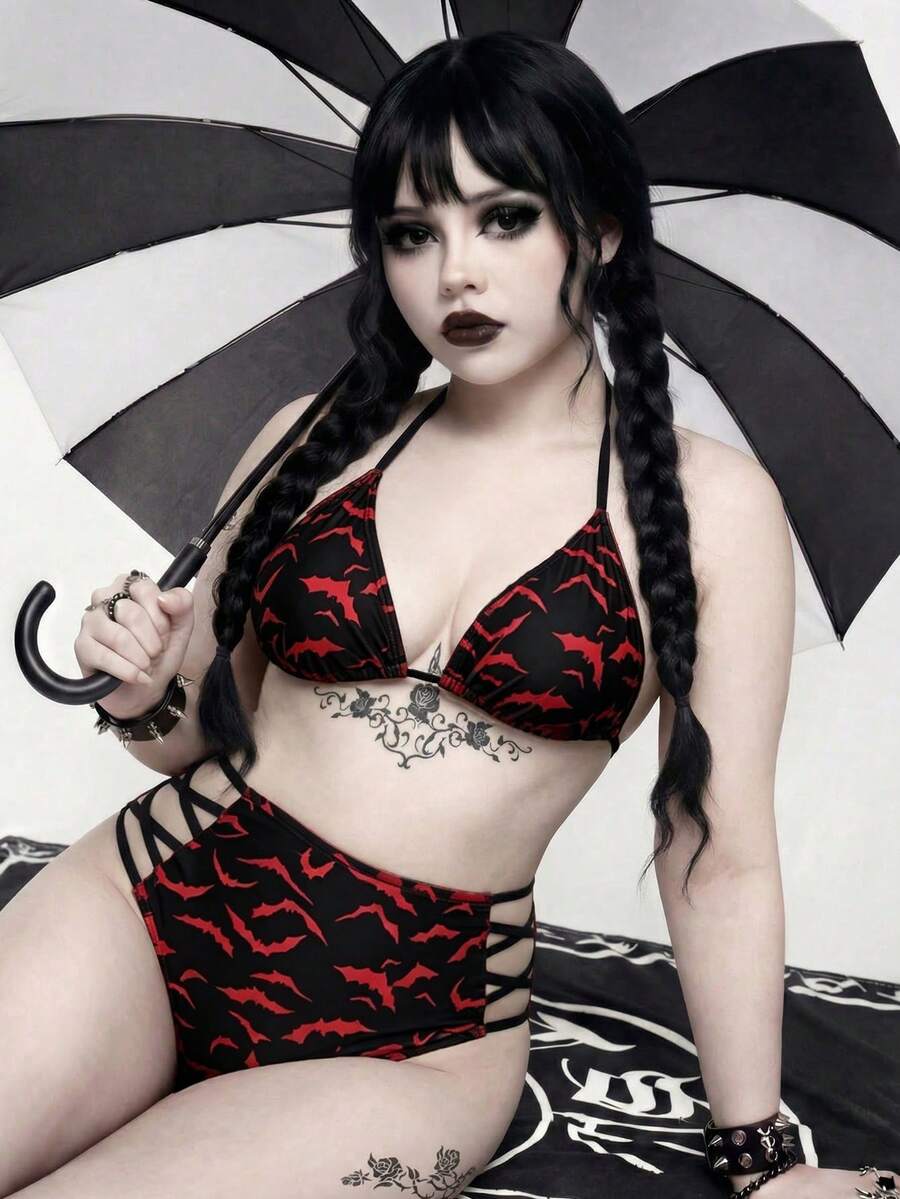 ROMWE Goth 大码女式两件套随机红色蝙蝠印花时尚度假日常休闲性感三角杯高腰三角裤抽绳挂脖开衩比基尼套装 - 黑色 - 查看 1