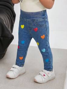 SHEIN Baby GirlColorful Heart Pattern Blue Denim Skinny Jeans Sports Stretchy And Comfortable Summer Festival Beach - Blue - View 6