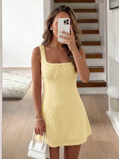 Easowa White Textured Fabric Sleeveless Wrap Dress For Women, Suitable For Spring/Summer Romantic Countryside Dates And Vacations Yellow Summer Outfit Yellow Dress Yellow One Piece Outfit Yellow Picnic Dress Yellow Summer Dress Women,Summer Dresses For Women