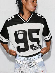 Paul Frank X SHEIN قميص كاجوال قصير الأكمام مطبوع بأرقام للرجال - أبيض وأسود - مشاهدة 4