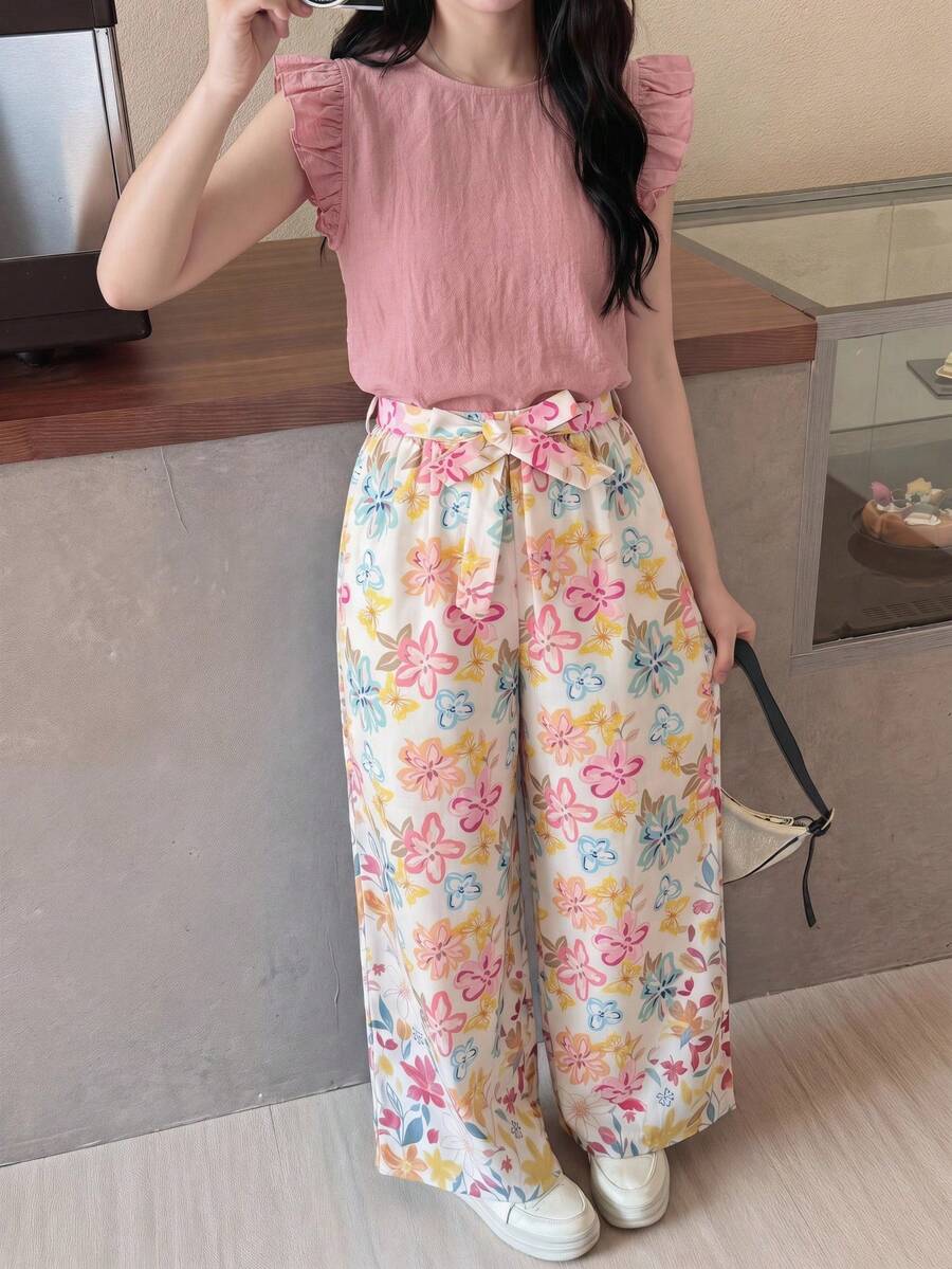 SHEIN Ensemble coordonné pour adolescentes avec chemise à manches courtes et pantalon imprimé floral rose tressé - Rose bonbon - Voir 1