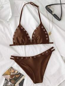 SHEIN Kids Teen Girl Keyhole Design Halter Swimwear Set, Suitable For Swimming, Holiday, Summer Beach Wear Chocolate Brown Casual - Brown - View 1