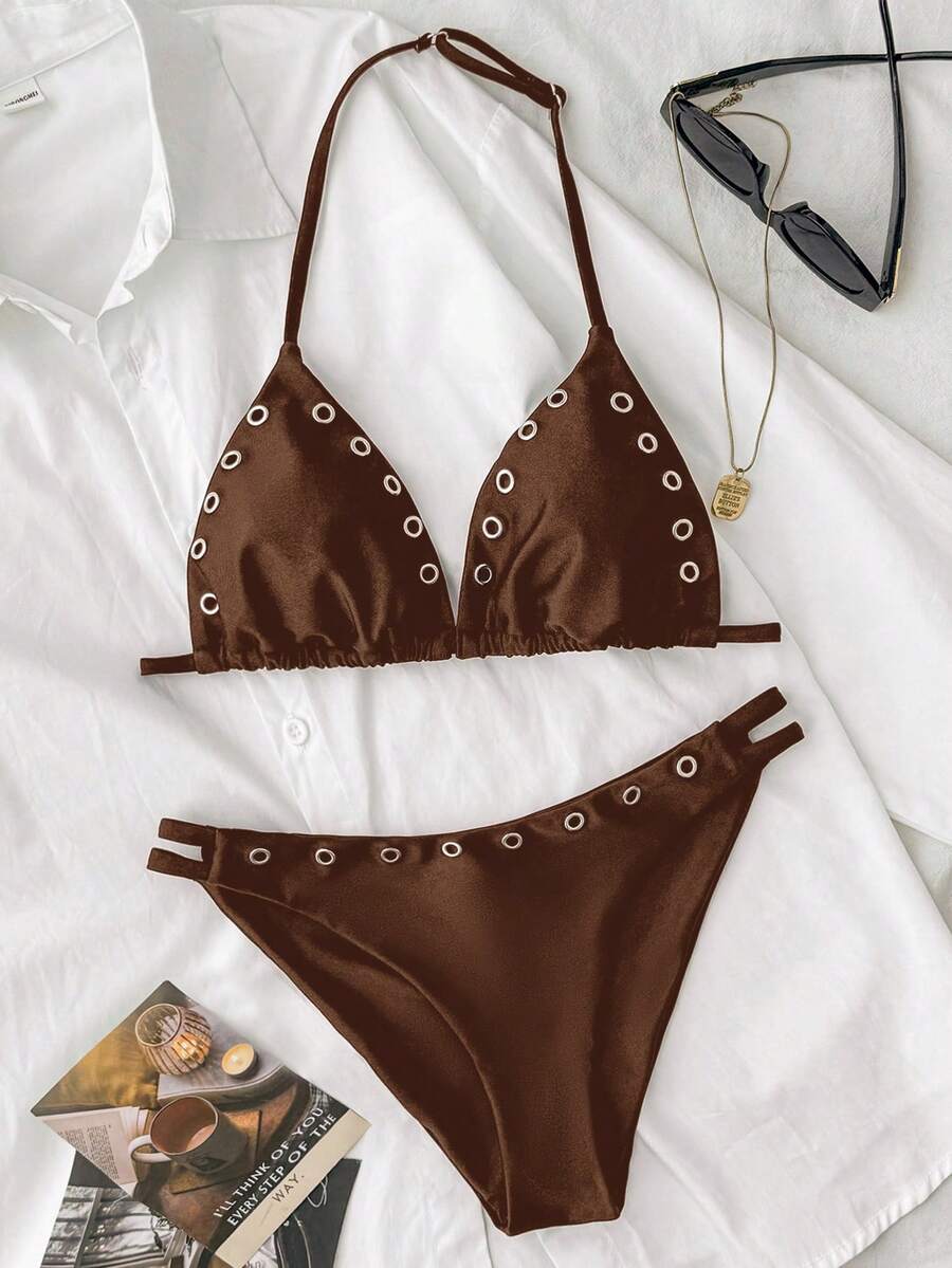 SHEIN Kids Teen Girl Keyhole Design Halter Swimwear Set, Suitable For Swimming, Holiday, Summer Beach Wear Chocolate Brown Casual - Brown - View 1