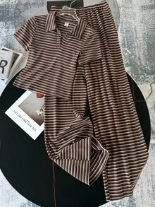 SHEIN 少女针织条纹圆领短袖修身T恤和配套休闲裤套装，百搭时尚 - 棕色 - 查看 1