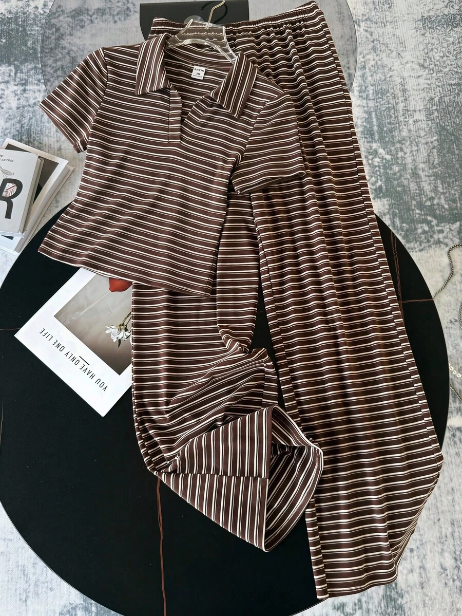 SHEIN 少女针织条纹圆领短袖修身T恤和配套休闲裤套装，百搭时尚 - 棕色 - 查看 1