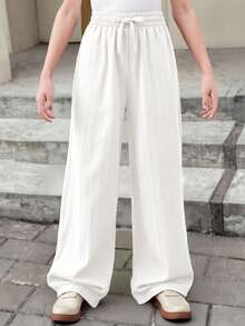 SHEIN Tween Girls' Casual Solid White Textured Fabric Drawstring Bow Wide Leg Pants - White - View 7
