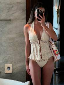 Bellisia New Women's Knitted Jacquard Textured Beige Two Pieces Bikini Set With Starfish & Shell Decor, Halter Neck, Deep V-Neck, Backless, Side Tie Triangle Bottoms, Beach Casual Vacation Swimwear (Random Accessories) - Apricot - View 8