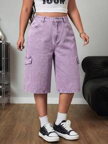 SHEIN ICON Pantalones cargo azul desgastado de corte recto y holgado con bolsillos grandes - Morado - Ver 7