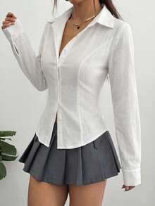 Flirla Áo sơ mi nữ, cài nút, vạt áo bất đối xứng, trang phục công sở, phong cách tối giản thường ngày. - trắng - Xem 6