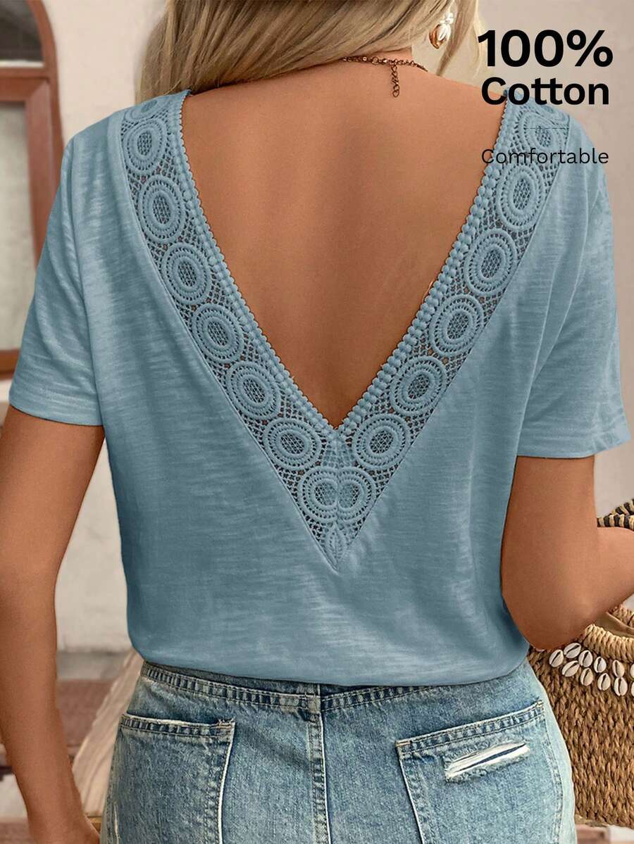 SHEIN Frenchy Áo kiểu trễ vai phối ren cho mùa cưới hè, áo thun, trang phục không thể thiếu, bộ đồ hè, trang phục cần thiết cho mùa cưới, phong cách Pháp. - Màu xanh bụi bặm - Xem 1