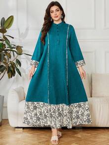 Lacomfia Vestido holgado de manga larga con estampado y parches, de talla grande, para primavera/otoño - Azul - Ver 4