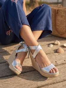 Women's Platform Sandals, Jute Wedge, Espadrille Wedge, High Espadrilles, Tie Straps, Wedge Heel, Comfortable, Casual, Boho, Summer, Women's Fashion - 銀色 - 查看 3