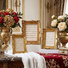 Cirelle 1 pieza, Marco de foto decorativo rectangular con grabado estilo barroco dorado, hecho de resina con estilo europeo retro para almacenamiento y exhibición de fotos en interiores, realzando la atmósfera de la corte francesa, adecuado para marcos decorativos en dormitorios, salas de estar, vestíbulos, salas de estudio, mesas de boda, etc., para ocasiones de regalo como bodas, fiestas de inauguración de la casa, etc., como marco de foto artístico, marco para tarjeta de asiento de boda y como accesorio de fondo para fotografía. - 1PC - Ver 5