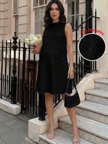 MaterniWear Pregnant Women Solid Color 3D Floral Decor Elegant Sleeveless Dress - Black - View 4