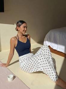 DAZY Women's Solid Color Comfortable Top And Polka Dot Print Casual Lounge Pants Pajama Set Summer - Black - View 4