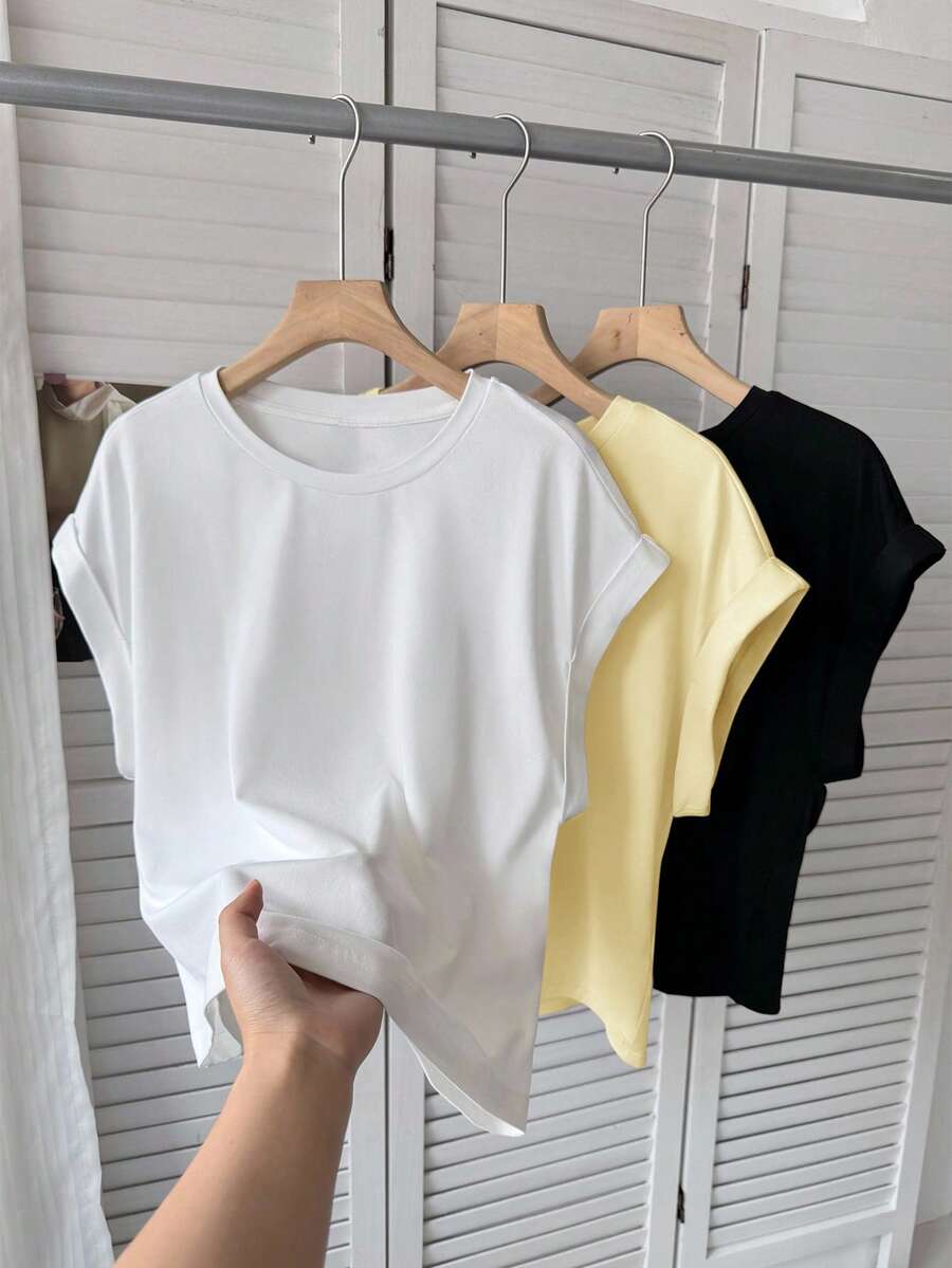 SHEIN LUNE 3件套女士休闲纯色基础款短袖T恤可爱上衣基础款上衣外出机场女装街头风外出上衣夏季女装3件套女士露脐上衣女士T恤女士外出上衣女士节日上衣奶油黄外出上衣女士纯色上衣纯色上衣休闲 - 淡黃色 - 查看 1