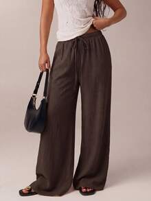 SHEIN Tall CURVE Quần dài nữ cỡ lớn màu trơn, cạp chun, kiểu dáng thường ngày, đa năng. - màu nâu - Xem 7