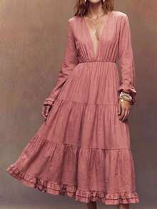 Fembélia Nuevo vestido vintage con cuello en V, cintura ceñida y volantes en el bajo - Marrón - Ver 3