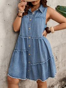 EMERY ROSE Mature Denim Đầm denim không tay dáng suông dành cho nữ cỡ lớn, cài khuy đơn, viền bèo nhún. - Màu xanh lam - Xem 7