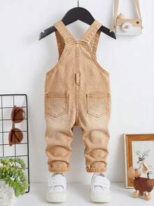 SHEIN 幼儿/男婴休闲做旧复古水洗破洞高弹修身蓝色牛仔背带连体裤，休闲百搭，适合宝宝秋冬户外穿着 - 卡其色 - 查看 7