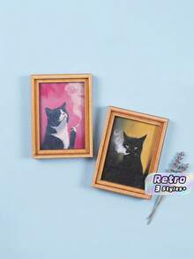 Joivida 1Pc/2Pcs Fun Cat Photo Frame Fridge Magnet, Retro Wooden 3D Printed Magnetic Sticker, Creative Retro Oil Painting Style Fridge Decor Stickers - multicolor - View 7