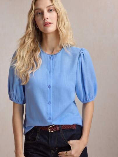 BizChic Women's Blue Blouse With Elegant French Puff Sleeves, Lace Trim Collar Detail Elegant Dresses For Women Work Wear Women Festival Outfits For Women  São João