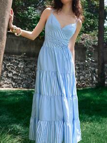 Lumivelle Women's New V-Neck Sleeveless Blue And White Stripe Patchwork Dress, Casual Coastal Sexy Picnic Vacation Romantic Elegant Beach Holiday Summer - Blue - View 4
