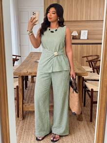 Weeklong Plus Size Women Spring/Summer Sleeveless Plaid Asymmetric Hem Casual Vacation Outfit - Multicolor - View 6