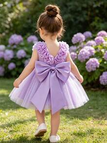 Glamorique Kids 女嬰優雅紫色夏季婚禮禮服，緞面亮面網紗高級3D花朵大蝴蝶結露背蓬蓬裙，聖誕生日派對 - 紫色 - 查看 7