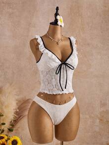 Swim Mod Nuevo conjunto de verano de dos piezas estilo europeo y americano, top corto con ribete de contraste y borde con volantes, Bottom triangular a juego con ribete de contraste, conjunto de bikini camiseta de soporte, adecuado para la playa, fiesta de piscina, cumpleaños - Blanco - Ver 4