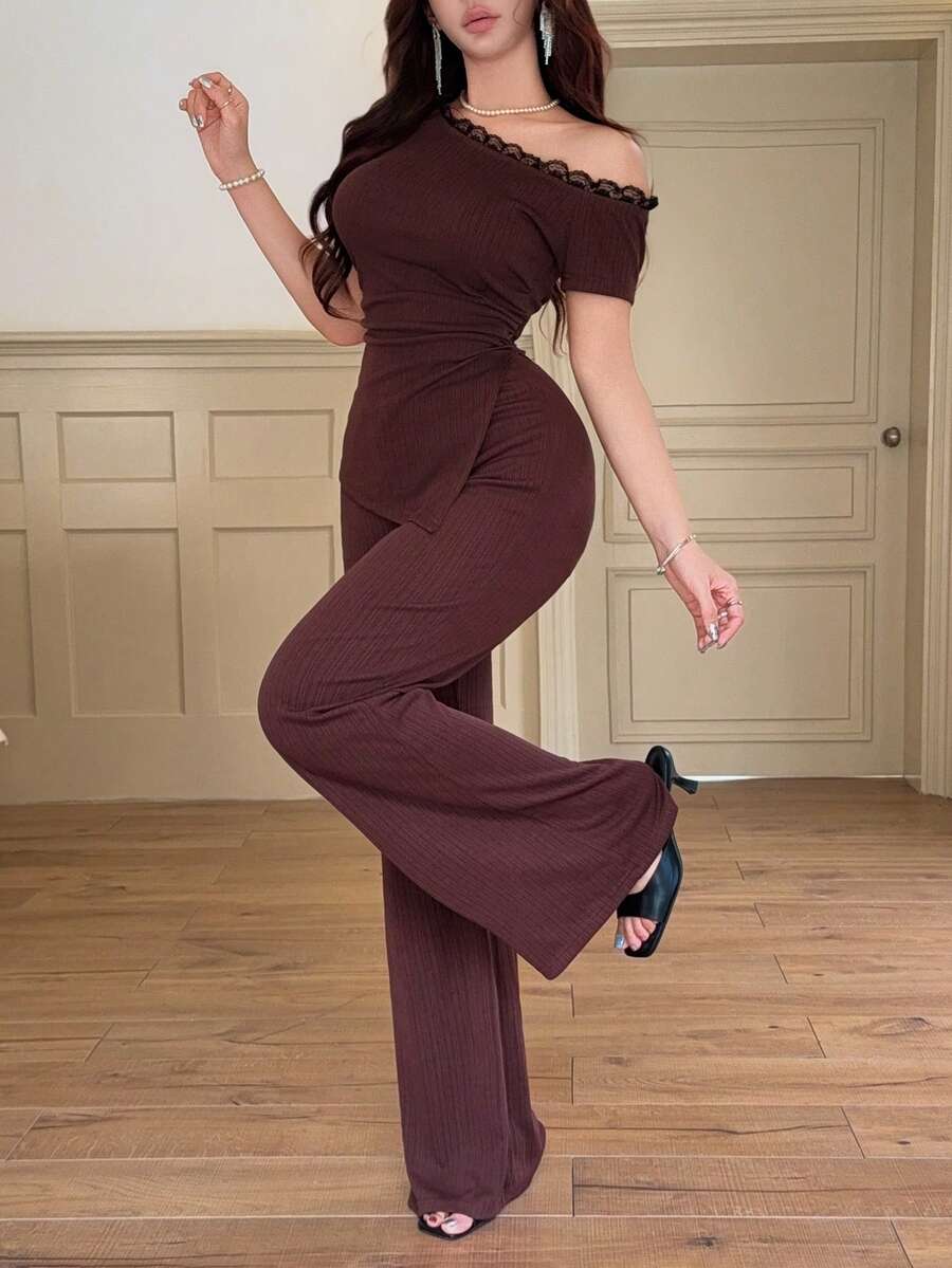 Feyla Women's Elegant Contrast Lace Asymmetrical Shoulder Top And Flare Pants 2 Pieces Set, Summer - Coffee Brown - View 1