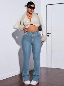 SHEIN ICON Plus Size Women Pockets Button Casual Versatile Daily Wear Denim Jeans - Light Wash - View 6