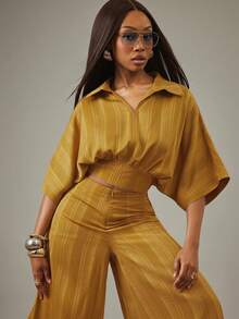NYA SZN Matching Set Zip Up Top Wide Leg Pant Striped - Yellow - View 3