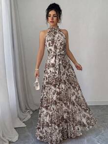 SHEIN Elenzya Ditsy Floral Ruffle Collar Pleated Waist A-Line Elegant Romantic Dress For Women, Suitable For Vacation - Multicolor - View 6