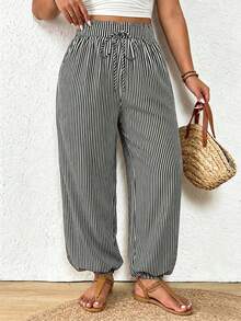 SHEIN Frenchy Mother's Day Vacation Style Plus Size Women's Black And White Striped Pattern Casual Pants With Drawstring Waist And Ruffle Hem Fall - Black and White - View 6