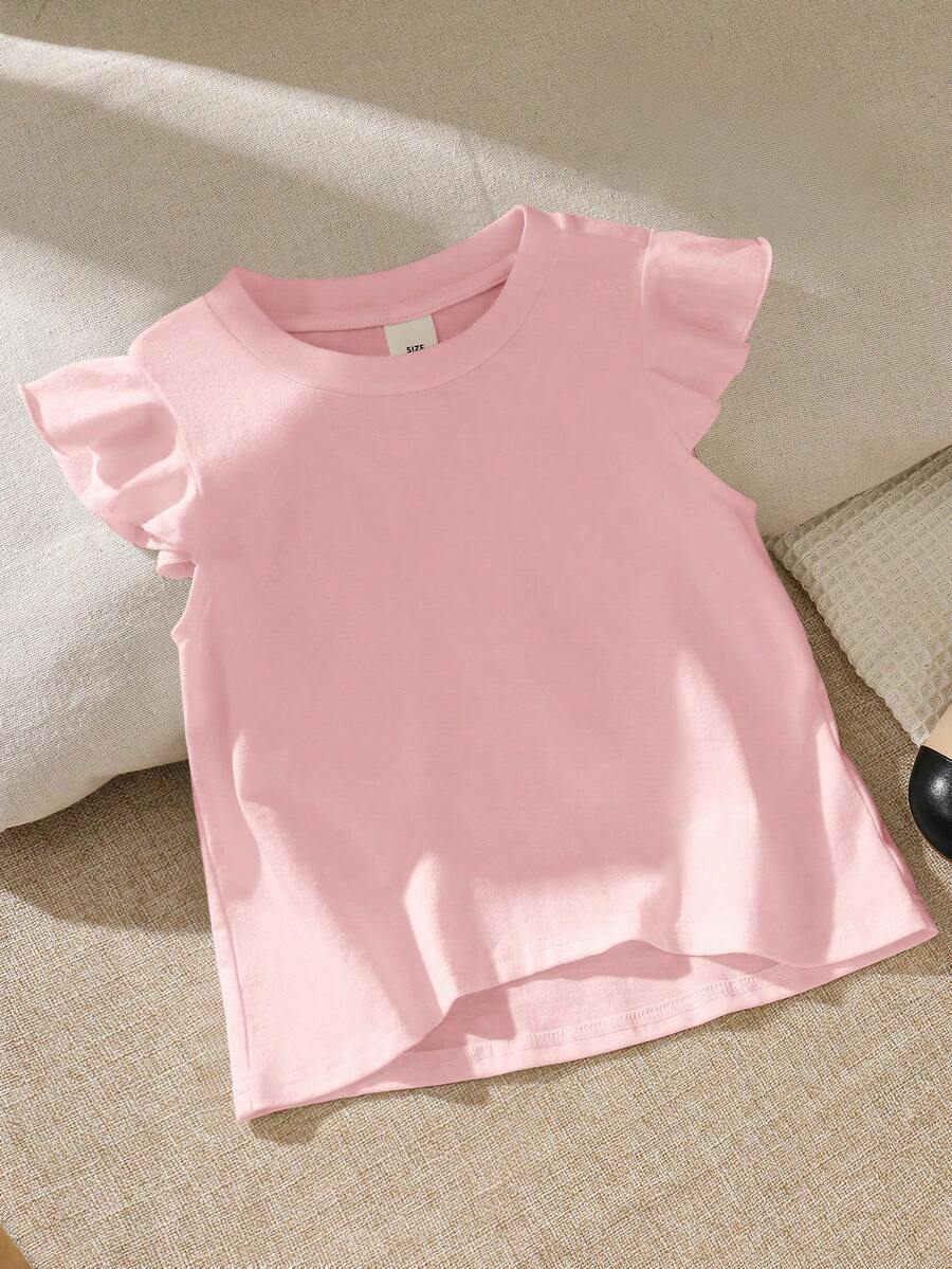 SHEIN 女童纯色圆领荷叶边宽松休闲T恤 - 粉色 - 查看 1