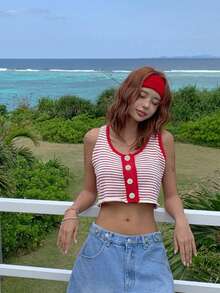 DAZY 撞色条纹露脐休闲夏季针织上衣，女士可爱上衣 - 紅色 - 查看 3